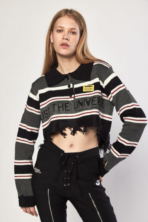 Grey Black And Red Long Sleeves Knit Crop Top UNIVERSE