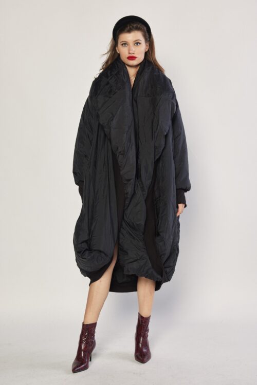  Designed  Long Wide Puffer Black Coat  770