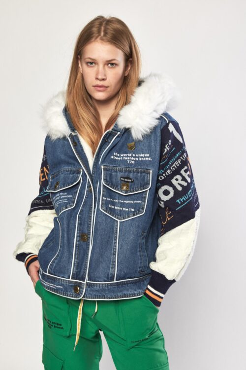 Blue Denim  With Knit And Faux  Fur  Jacket  UNIQUE