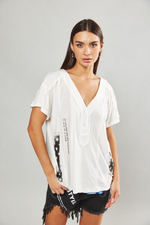 Designed Wide White T- Shirt STARS