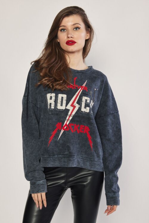 Washed Black Long Sleeves Wide Top LIPS