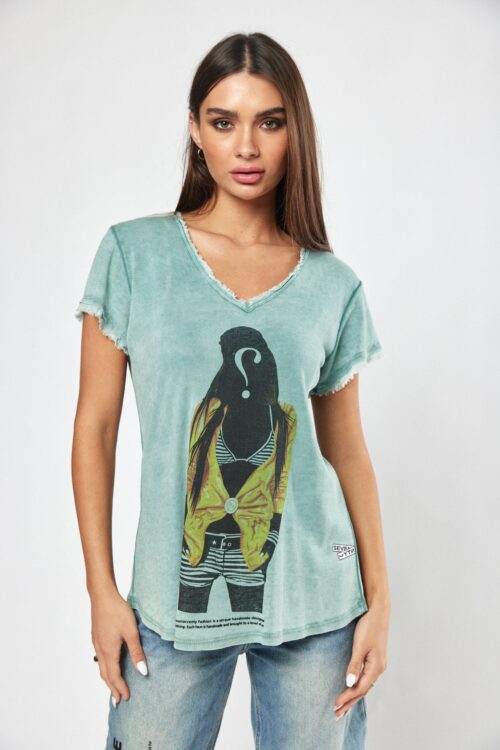  Washed Light Green Color Vintage Look Designed  T- Shirt  GIRL