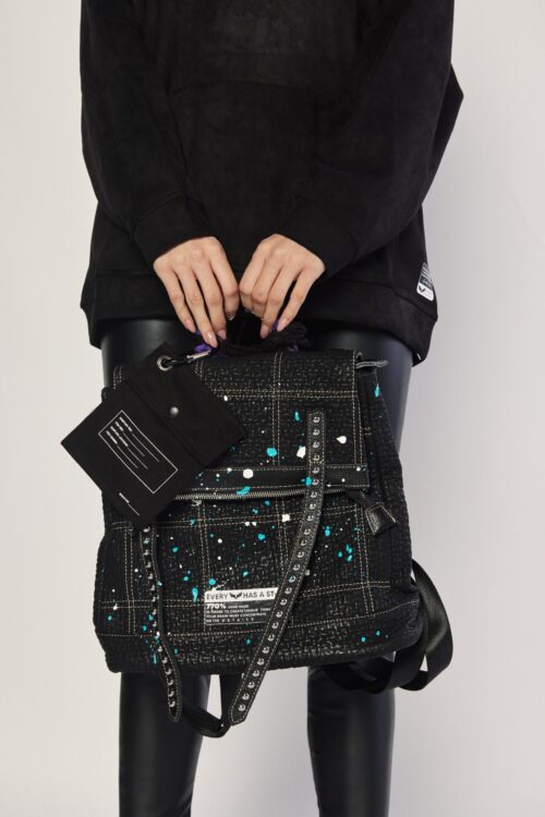 Hand Made Designed Black Faux Leather  Backpack Bag  STORY