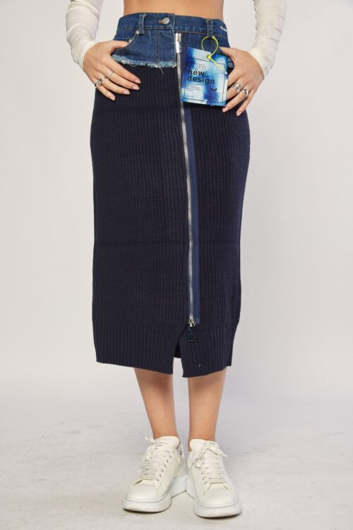 Black Denim And Knit Midi  Skirt  NEW