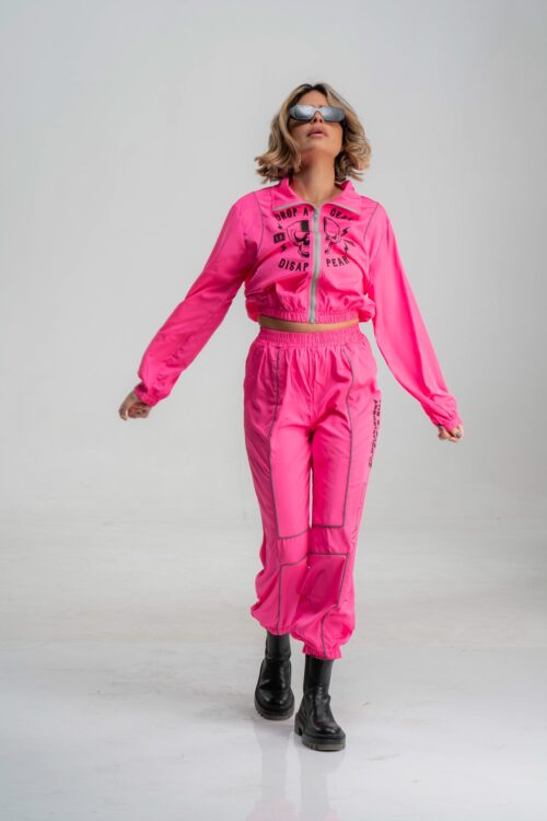 Neon Pink Two Piece Nylon  Jogger Suit SKULL