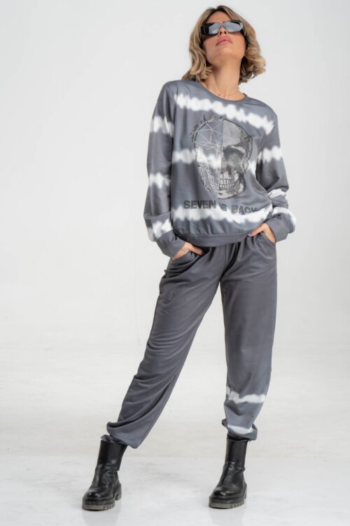 Gray And White Tie Dye Two Piece Jogger Set  SKULL