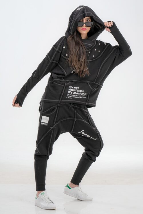 Two Piece Black Pullover Jogger  Set  SEVEN770