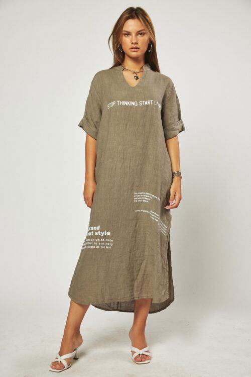 Olive Green Midi  Linen Dress STOP