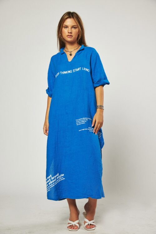 Blue  Midi  Linen Dress STOP