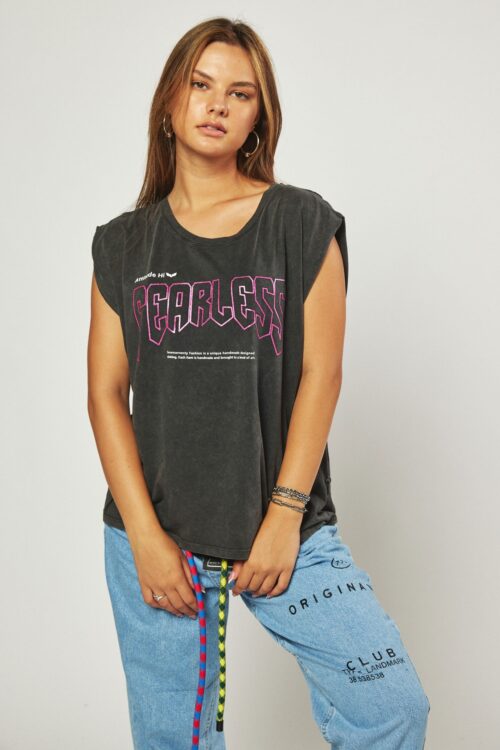 Designed Washed Gray Sleeveless Top   FEARLESS