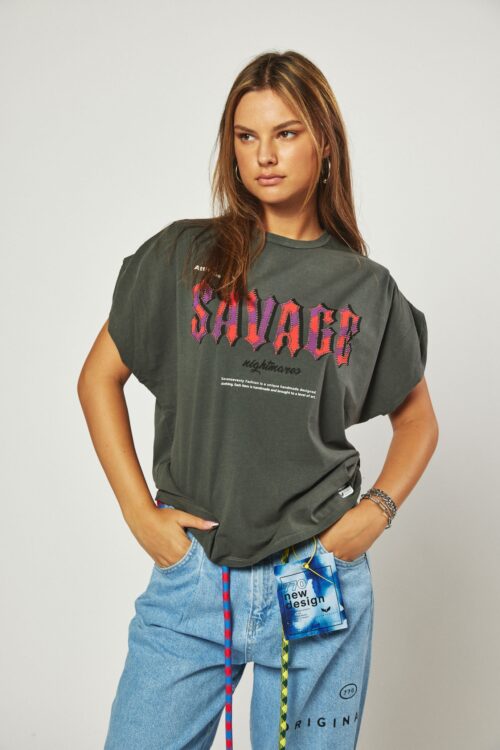 Designed  Washed Grey Wide T- Shirt  SAVAGE