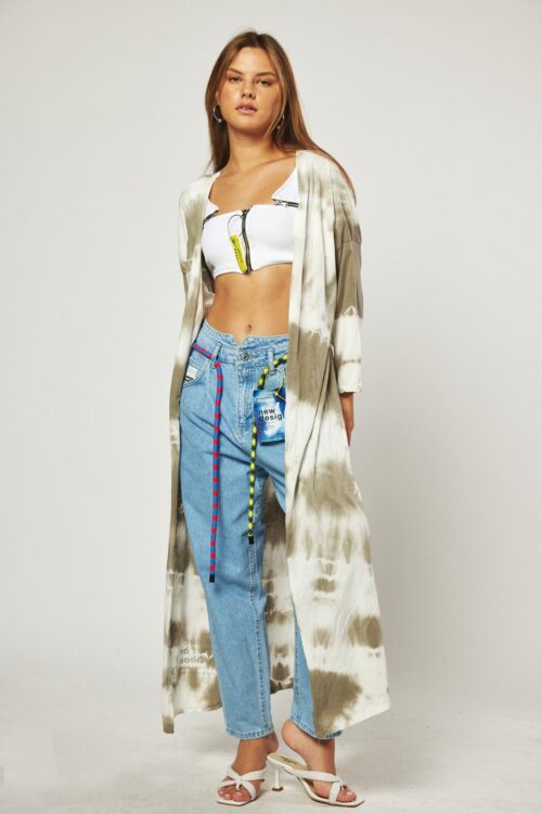Olive And White Colors Tie Dye  Long Opened Jacket Top PRODUCTION