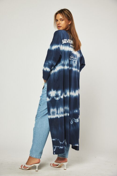 Washed Blue And White Colors Tie Dye  Long Opened Jacket Top PRODUCTION