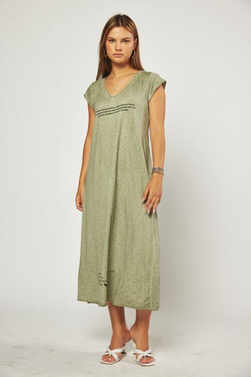 Olive Green Midi  Cotton Dress CLOTHING