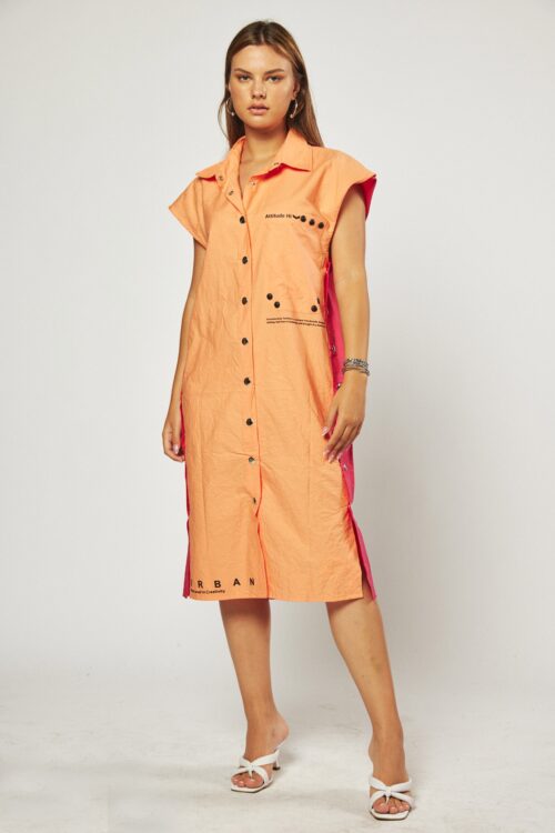 Orange And Pink Designed Midi  Dress URBAN