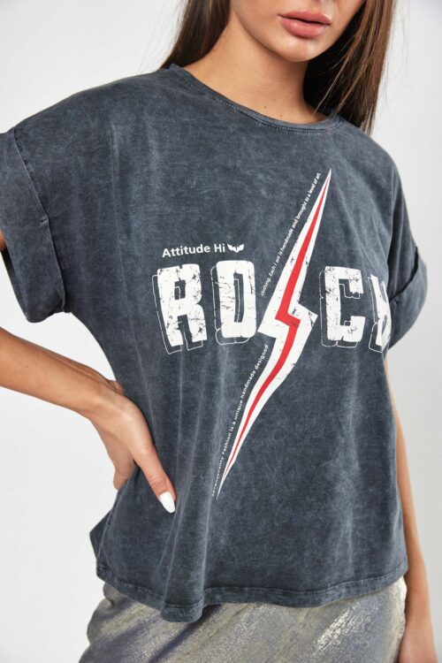  Designed  Washed Grey T- Shirt  ROCK