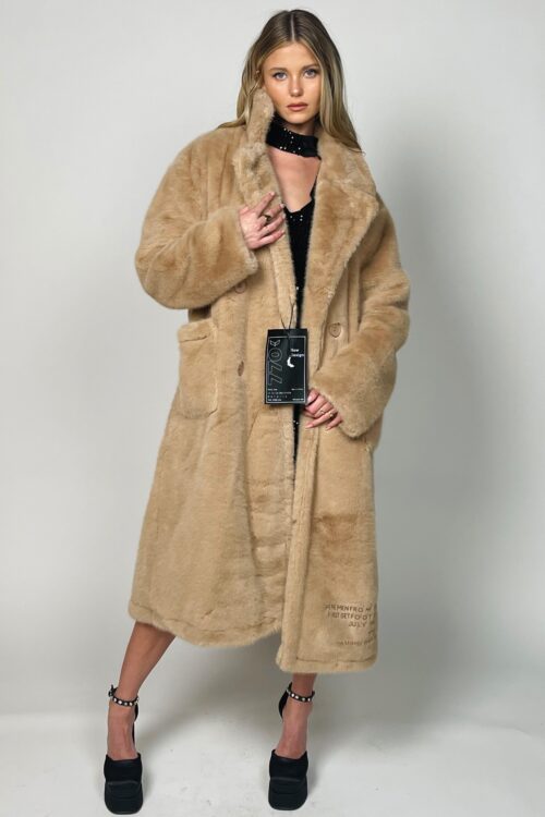  Designed Long Beige Brown Elegant Faux Fur  Coat  770