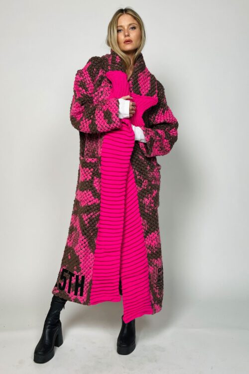 Pink And Brown Colors  Knit Long Jacket  DIRECTION