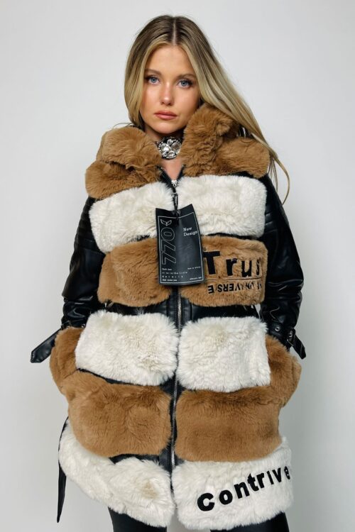  Designed Elegant Brown Colors Faux Fur and Leather Coat  TRUE