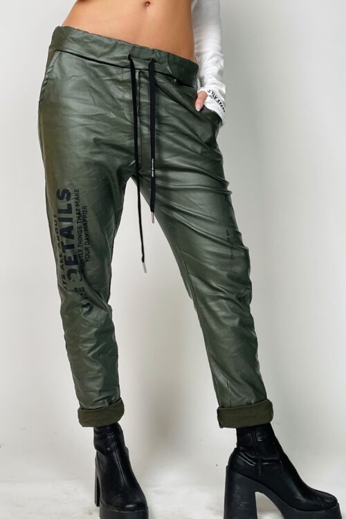 Designed Dark Green Faux Leather  Jogger Pants  DETAILS