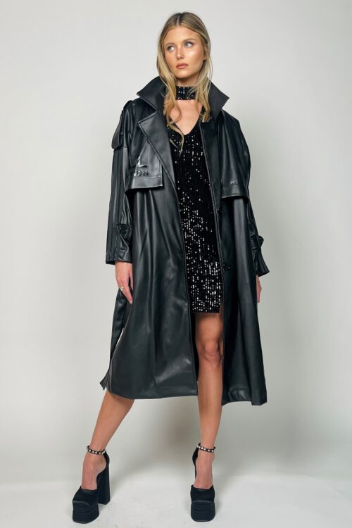  Designed Black Long Faux Leather  Coat  ALL