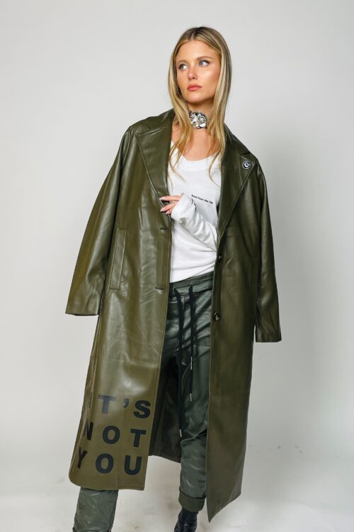  Designed Olive Green Long Faux Leather  Coat  NOT