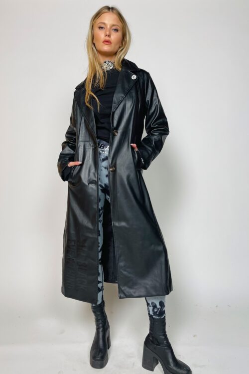  Designed Black Long Faux Leather Coat  LIST