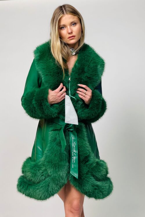  Designed Midi Green Elegant Faux Fur and Leather Coat  DIRECTION