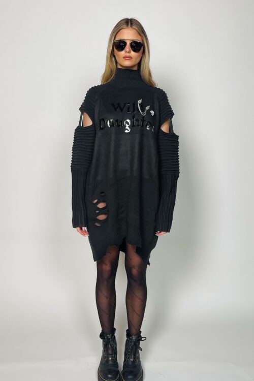 Black Destroyed Oversize Long Sleeves Knit Tunic  Top WILD