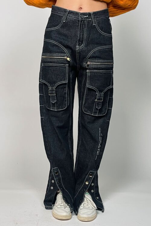 Designed Black Cargo Denim Pants  LAND