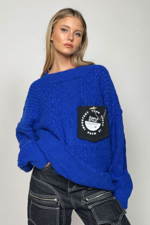 Blue Long Sleeves Oversize Knit Top  STYLE