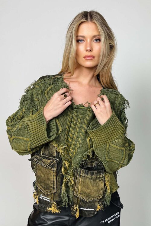 Washed Green And Denim Long Sleeves Knit Crop Top  FOUND