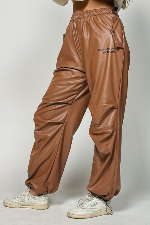 Designed Brown Faux Leather  Jogger Pants  HOLYLAND