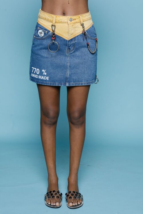 Blue And Yellow Denim Mini Skirt HAND MADE