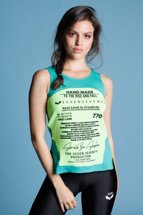 Green And Neon Yellow Designed Tank Top  HAND MADE