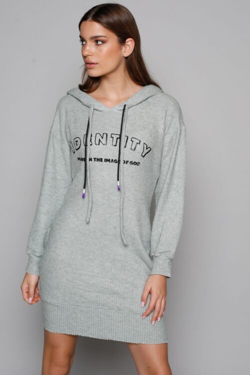 Hooded Mint Green Knit Long Sleeve Designed Dress IDENTITY