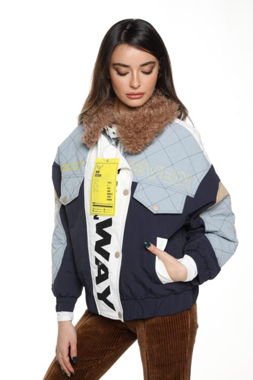 Blue Colors With Brown Faux Fur Collar Coat Jacket  WAY