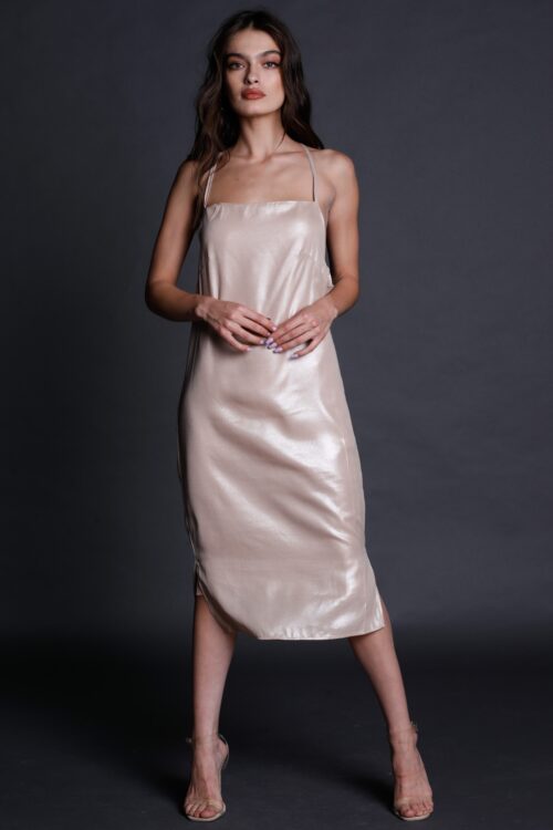 Shiny Beige Evening Midi Dress LOVE