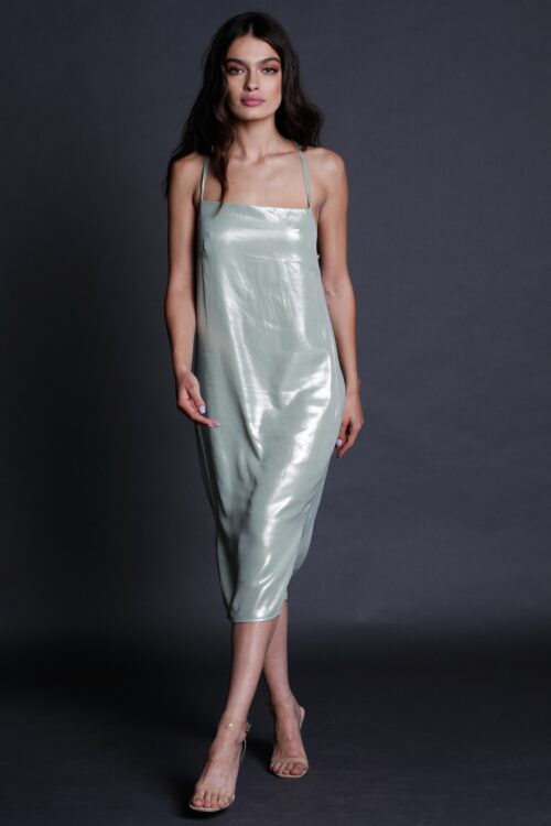 Shiny Beige Evening Midi Dress LOVE