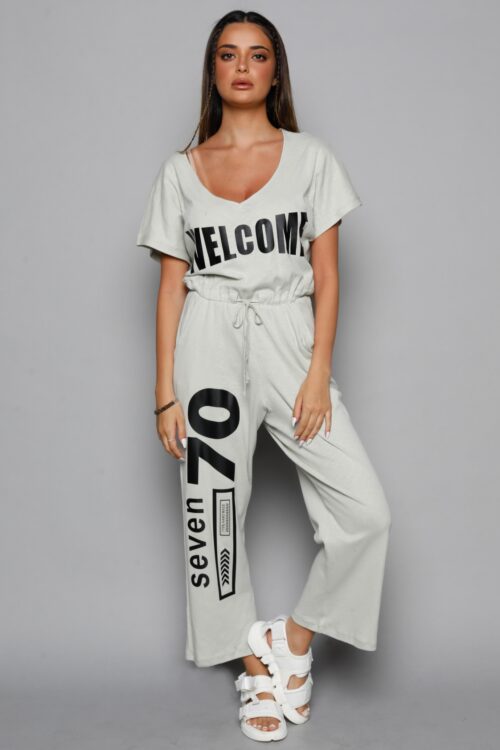 Mint Green Beige Short Sleeve Pullover Overall WELCOME