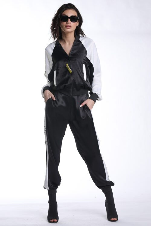 Black And White Two Piece Satin Jogger  Set  STORY