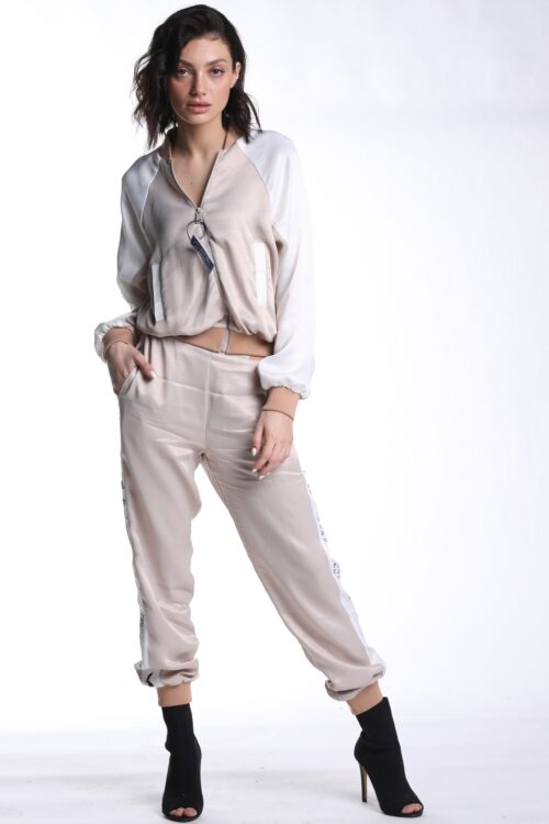Beige And White Two Piece Satin Jogger  Set  STORY