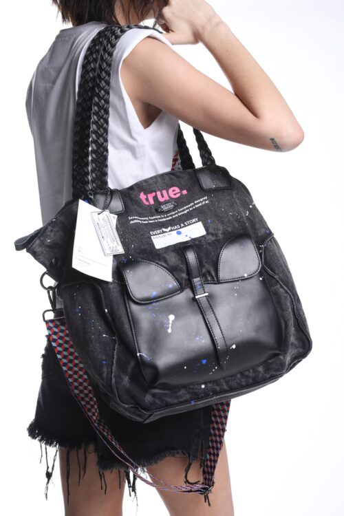 Designed Washed Gray Denim And Faux Leather Hand  Bag  TRUE