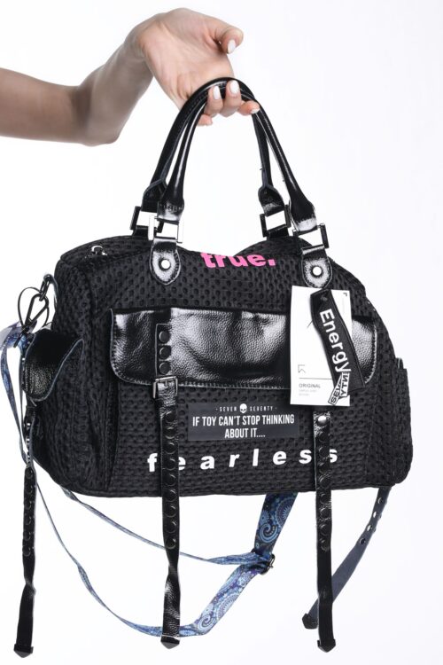 Designed Black Net  And  Faux Leather Hand Bag  TRUE