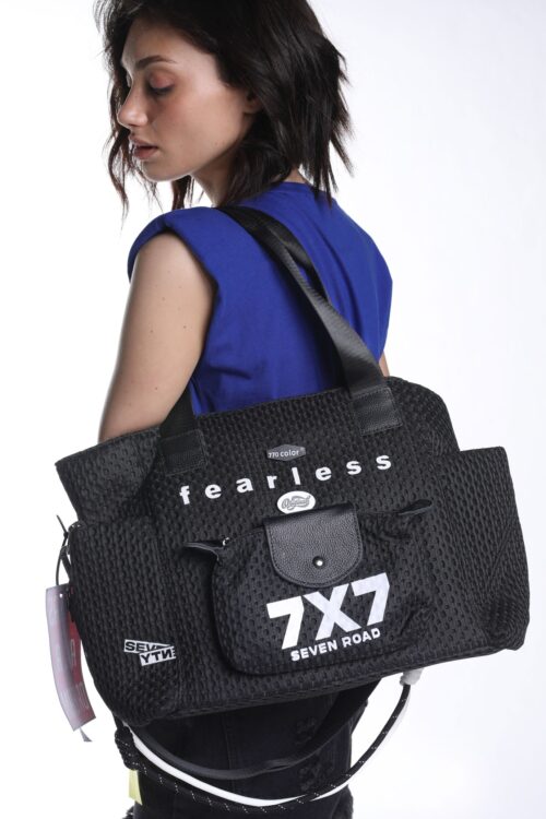 Designed Black Net  And  Faux Leather Hand Bag  FEARLESS