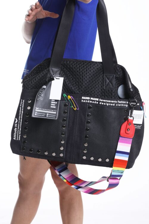 Designed Black Net  And  Faux Leather Hand Bag  FEARLESS