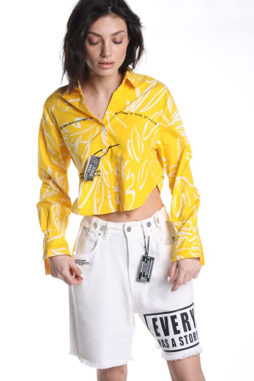 Yellow And White Long Sleeve  Buttoned Up  Crop  Top  SKULL