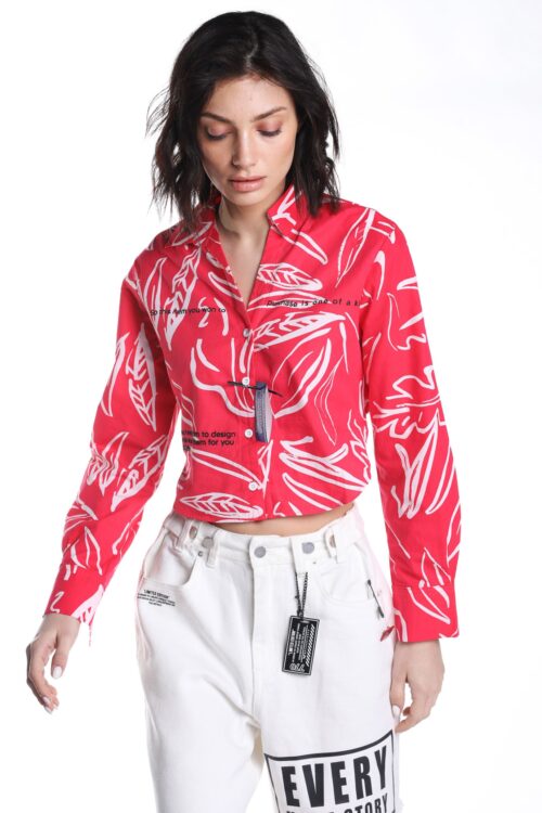 Fuxia And White Long Sleeve  Buttoned Up  Crop  Top  SKULL
