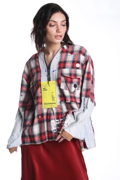   Plaid Fabric With Soft Denim Jacket Top  LOVE