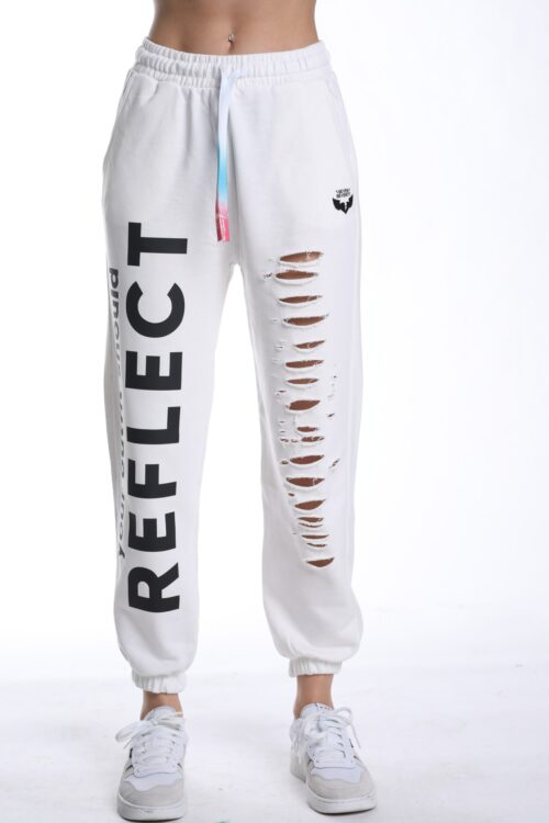White Designed Destroyed Joggers Pants   REFLECT